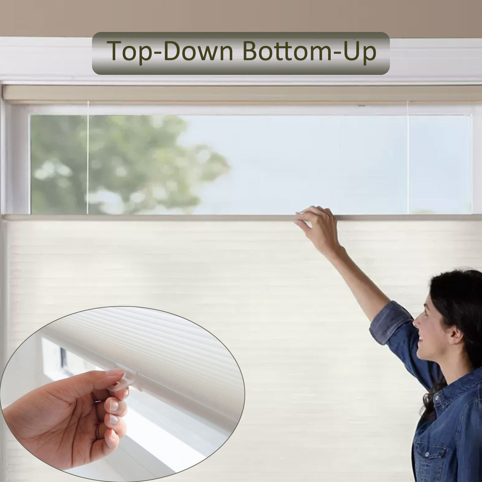 Pulling the blind down from the top: open above for daylight, covered below for privacy