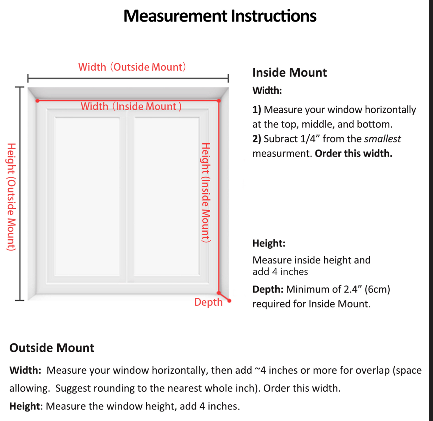 Measurement instructions: inside mount width at top, middle and bottom minus 1/4 inch, height plus extra; outside mount width plus 4 inches, height plus 4 inches; 2.4 inch depth minimum for inside mount