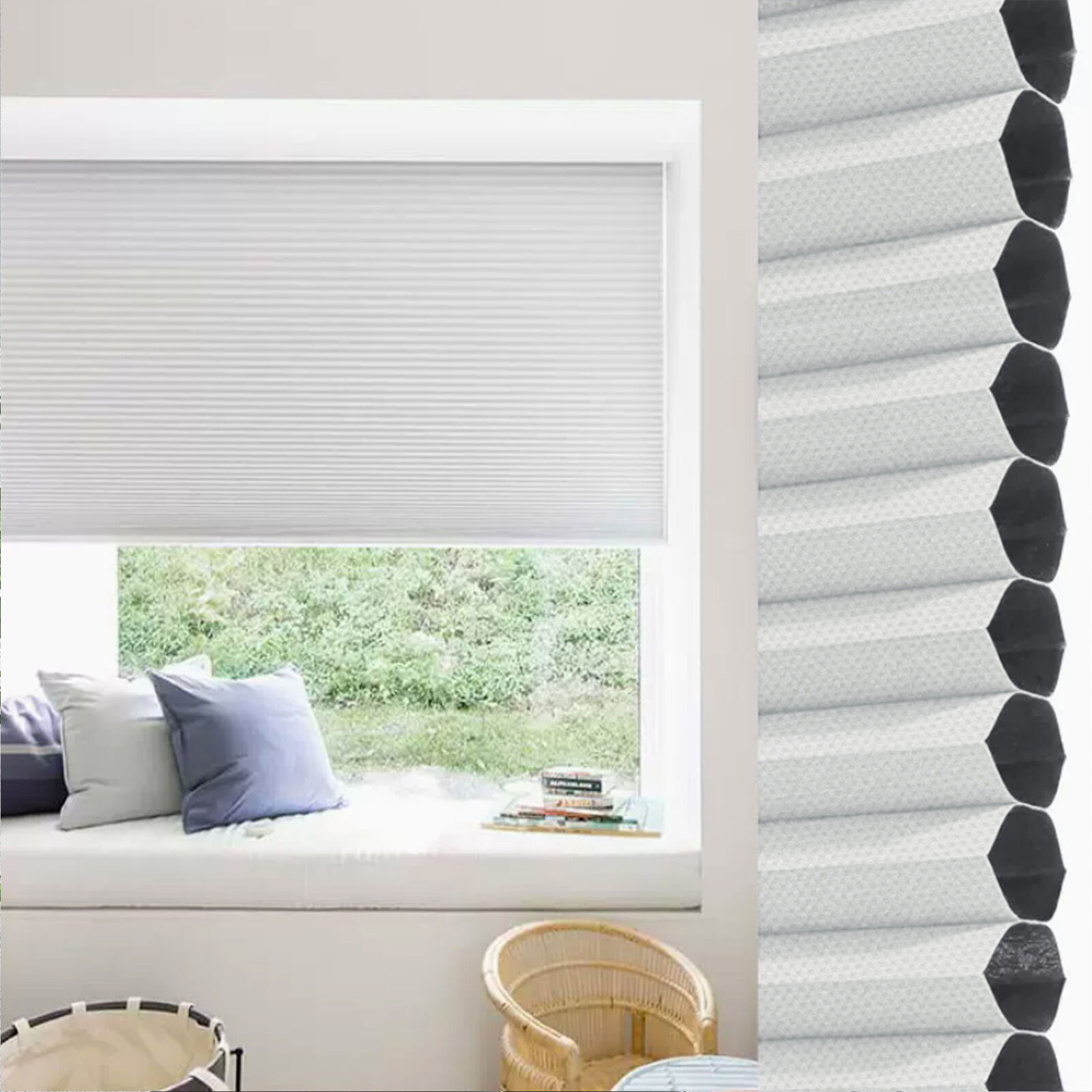 ThermaBlind cellular shade insulating a window, with a honeycomb close-up